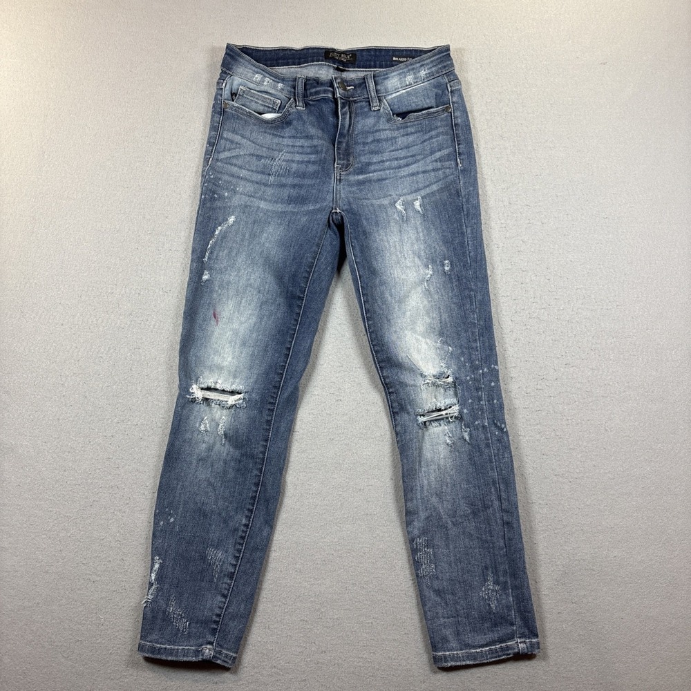 Judy Blue Relaxed‎ Fit Jeans 11/30 Blue Distressed Splatter Frayed Destroyed